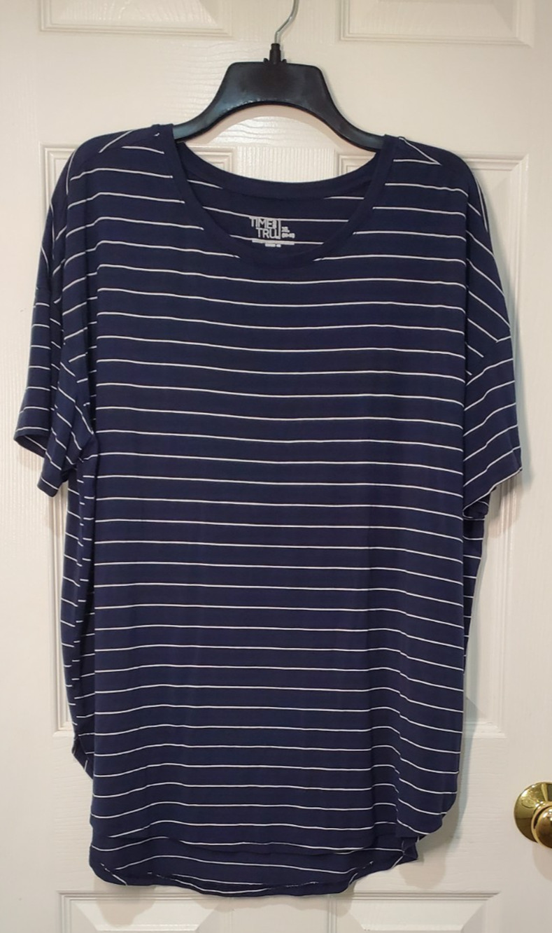 Time and Tru Women's XL 16-18 Blue Cream Striped Short Sleeve Tunic Top Plus